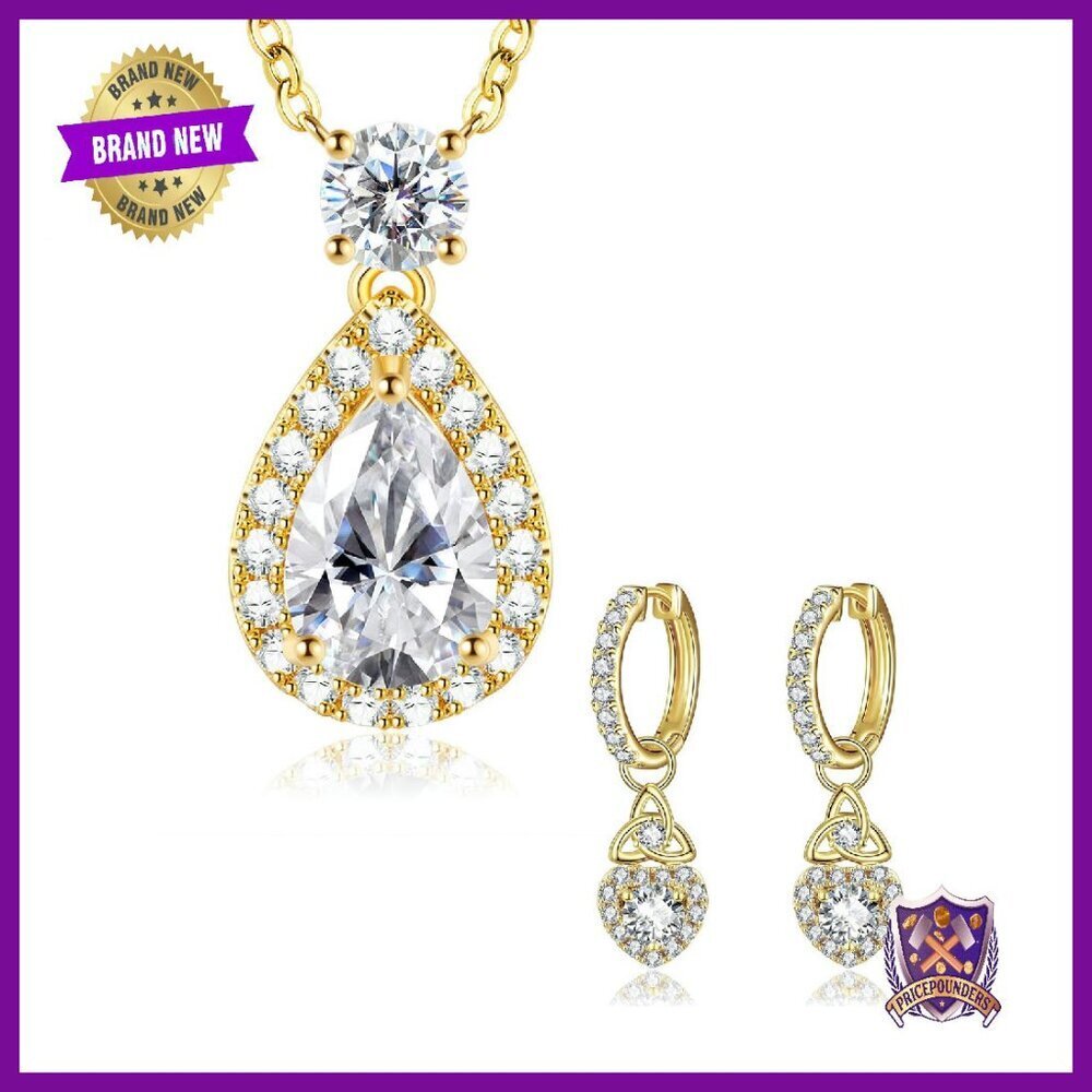Moissanite Gold Plated Celtic Earrings & Pear Halo Necklace Set